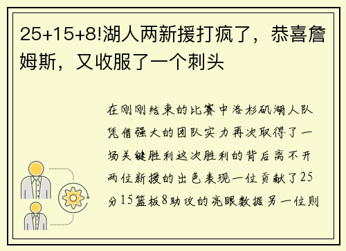 25+15+8!湖人两新援打疯了，恭喜詹姆斯，又收服了一个刺头